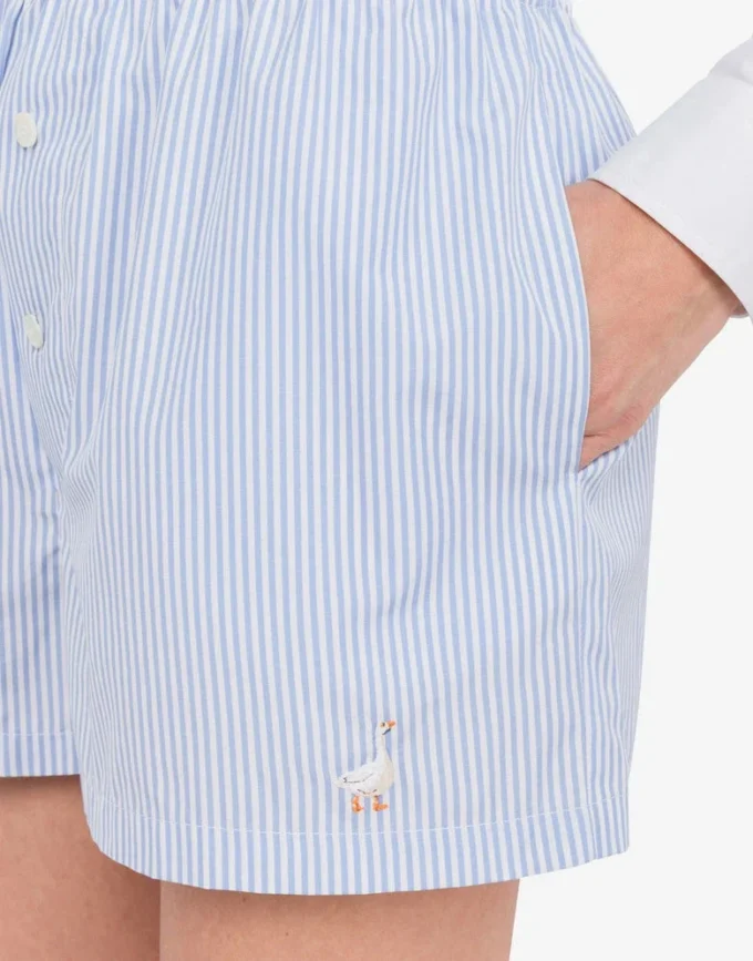 Pantaloncini in popeline a righe Ricamo oca Pantaloncini in popeline a righe Ricamo oca