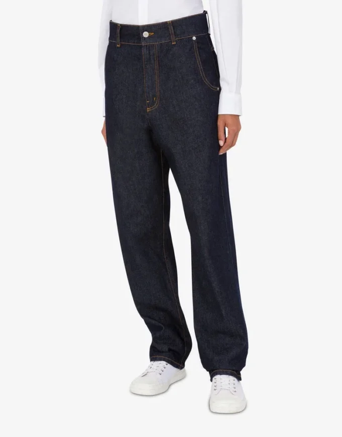 Pantaloni in denim blu Patch con corona d’alloro Pantaloni in denim blu Patch con corona d’alloro