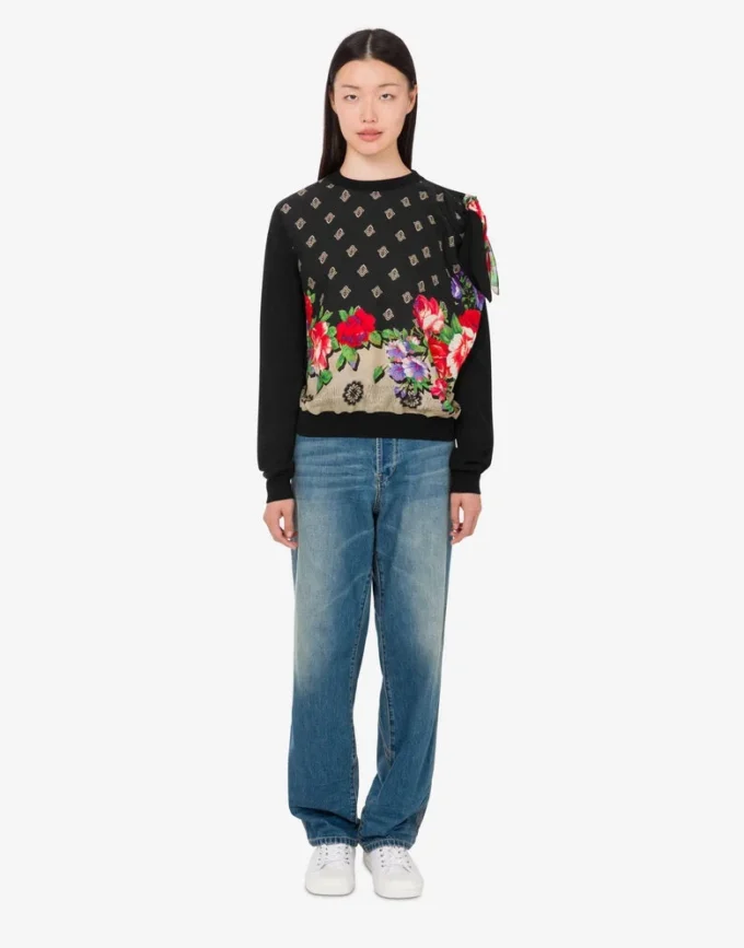 Pullover stampato in misto cotone puro e seta