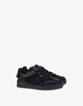 Sneakers in mesh, pelle di vitello e pelle scamosciata