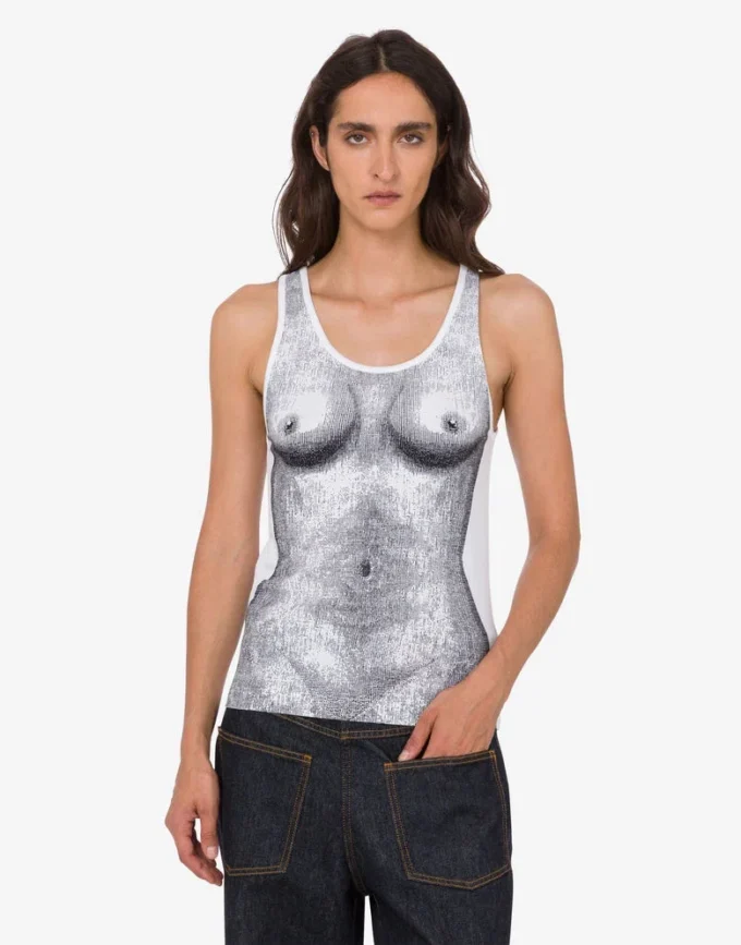 Top in jersey di cotone elasticizzato stampato Top in jersey di cotone elasticizzato stampato
